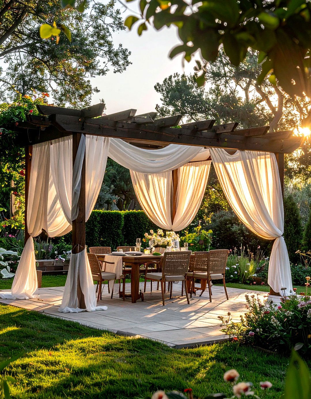 Pergola with sheer curtains - 30 pergola dining ideas