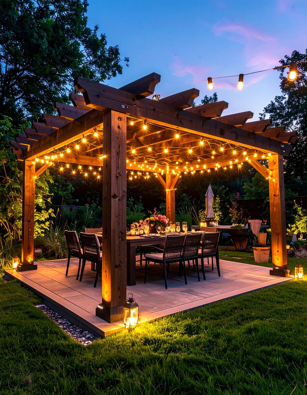 Pergola with string lights - 30 pergola dining ideas