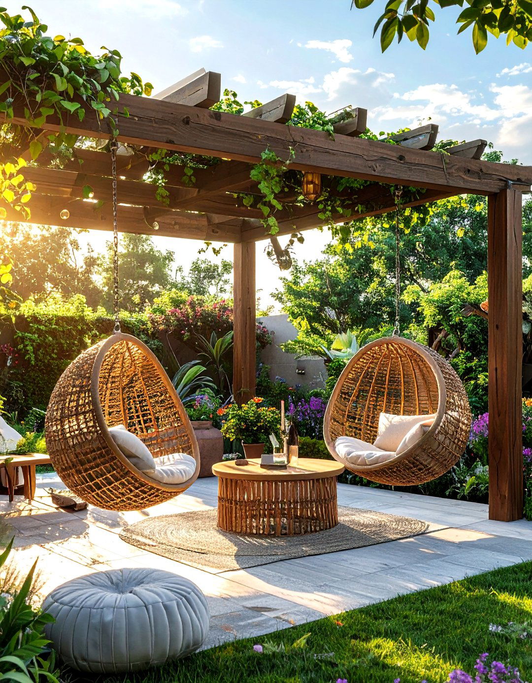 Pergola with swinging chairs - 30 pergola dining ideas