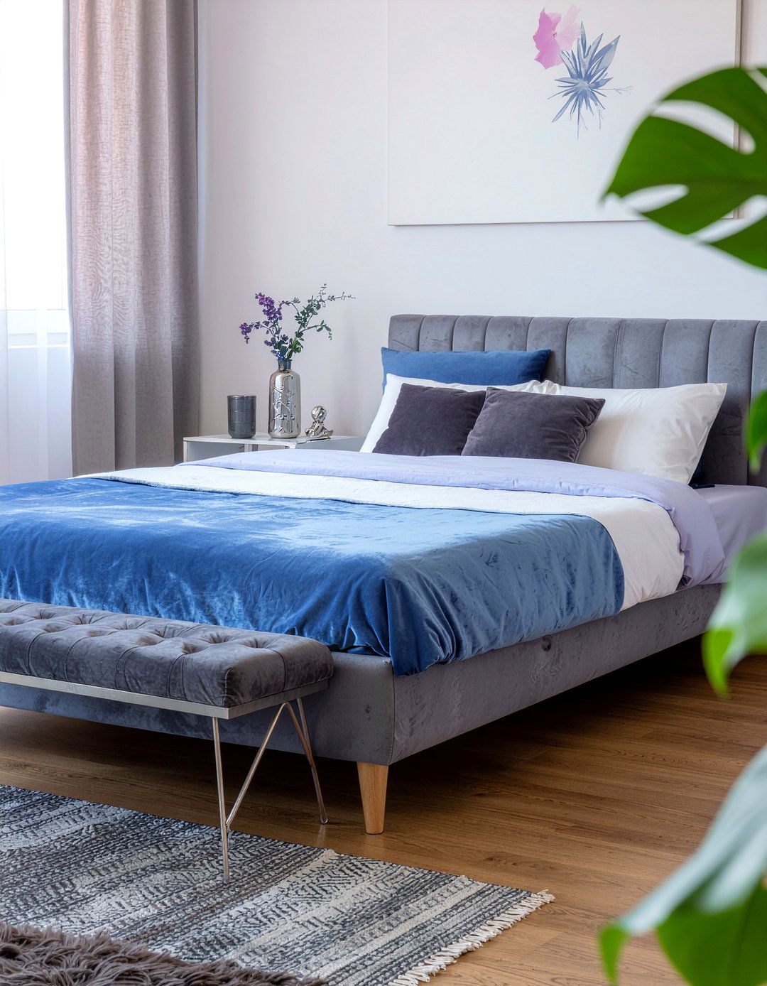 Periwinkle blue velvet bedding - 30 bedroom blue bedding ideas