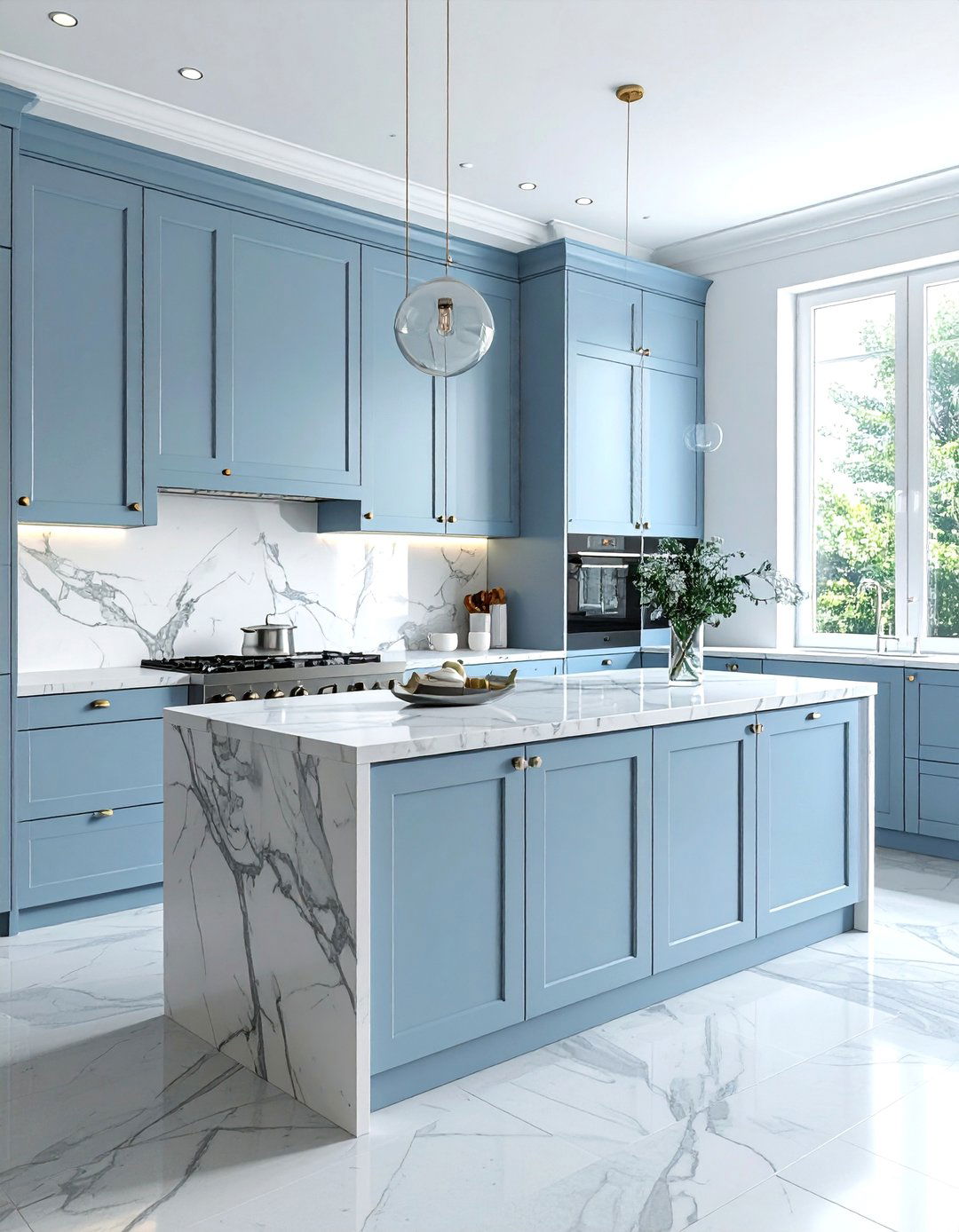Periwinkle blue with dove gray marble - 30 blue and gray kitchen ideas