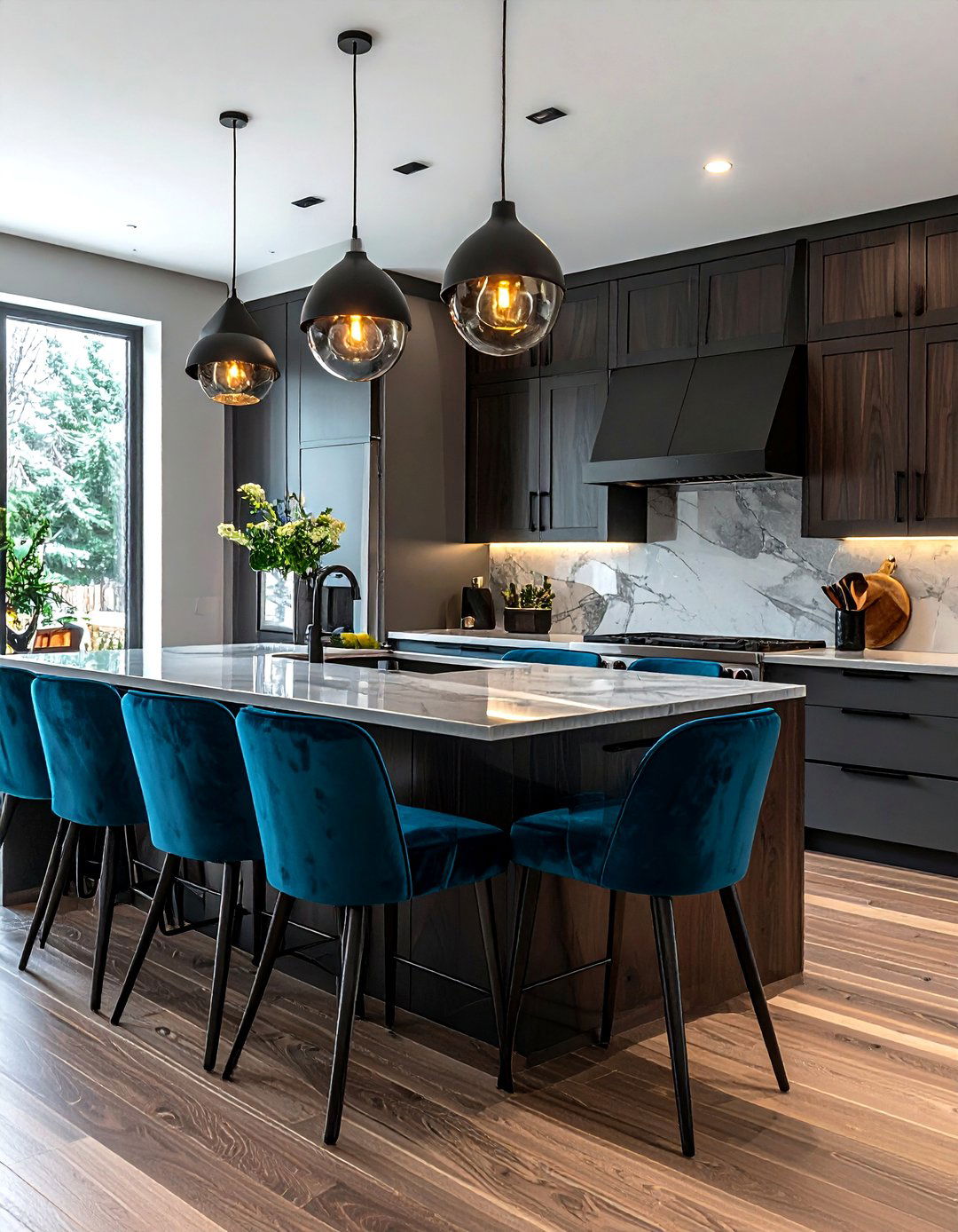 Petrol blue velvet seating for chic kitchen - 30 velvet kitchen ideas