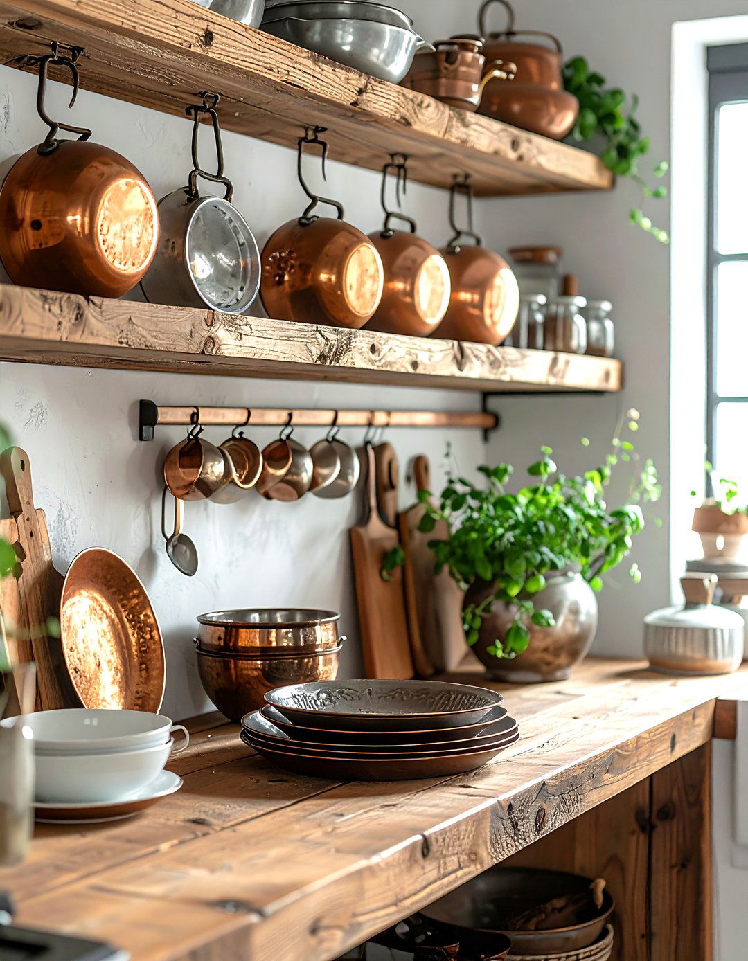 Pewter and copper kitchen accents - 30 colonial home decor ideas