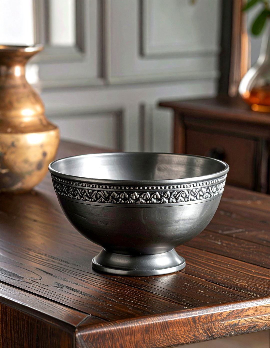 Pewter decorative bowl - 30 grey living room accessories ideas