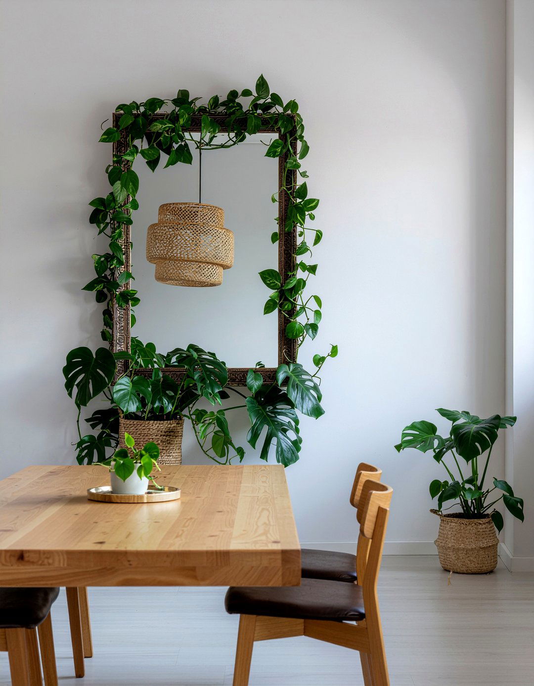 Philodendron heartleaf climbing dining room wall - 30 dining room potted plant ideas