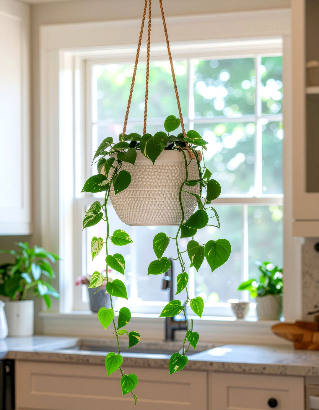 Philodendron in kitchen hanger - 30 kitchen potted plant ideas