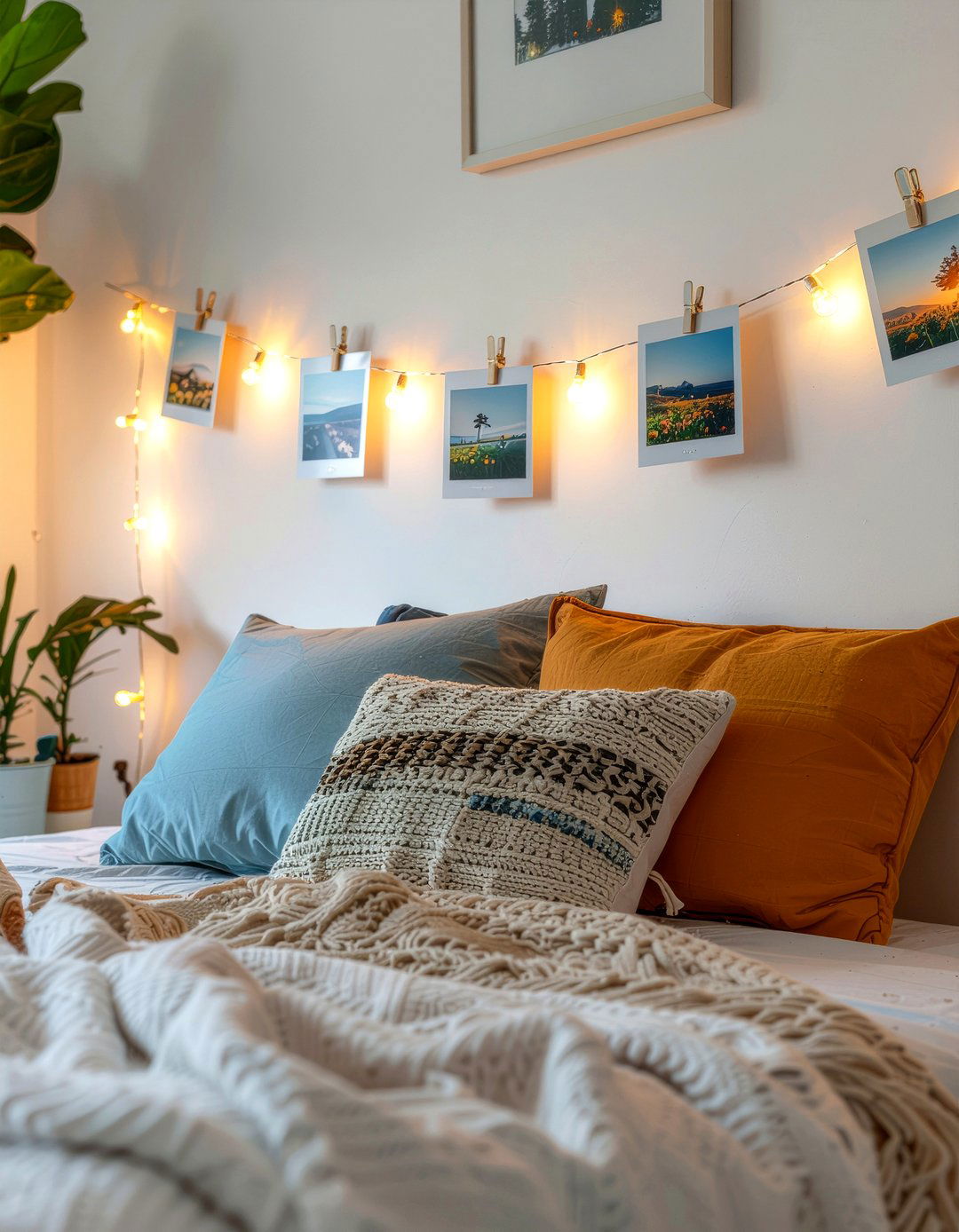 Photo clip string lights - 30 bedroom fairy lights ideas