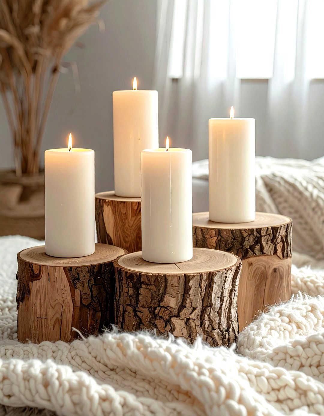 Pillar candles on wooden pedestal - 30 candle arrangement ideas