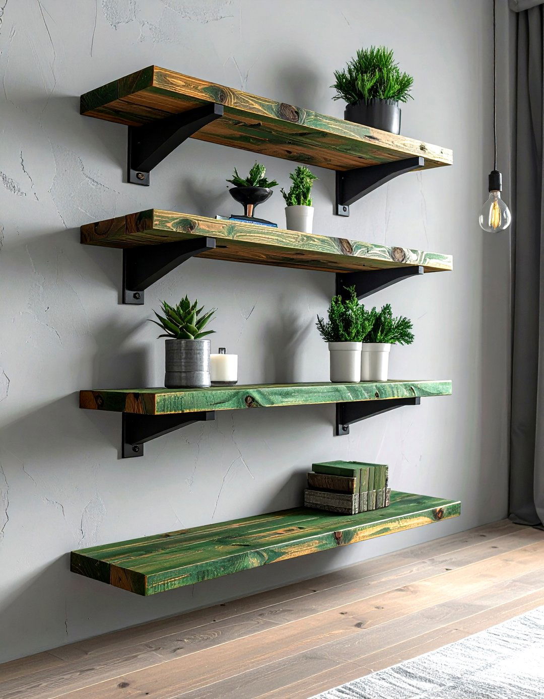 Pine Green Floating Shelves - 30 industrial green bedroom ideas