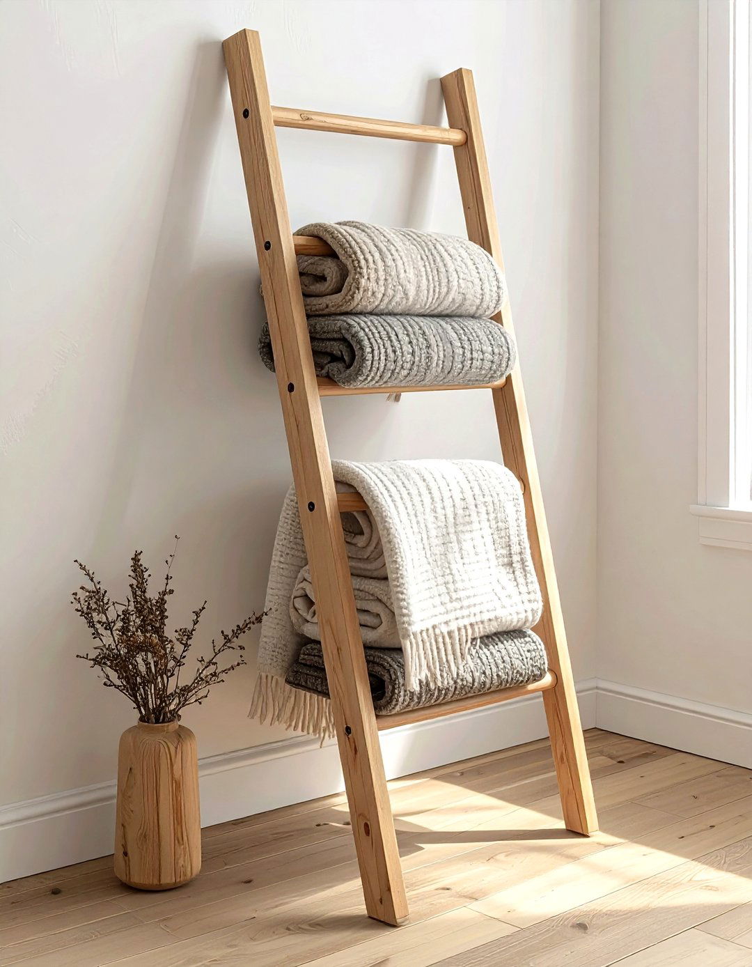 Pine Wood Blanket Ladder - 30 natural wood decor ideas
