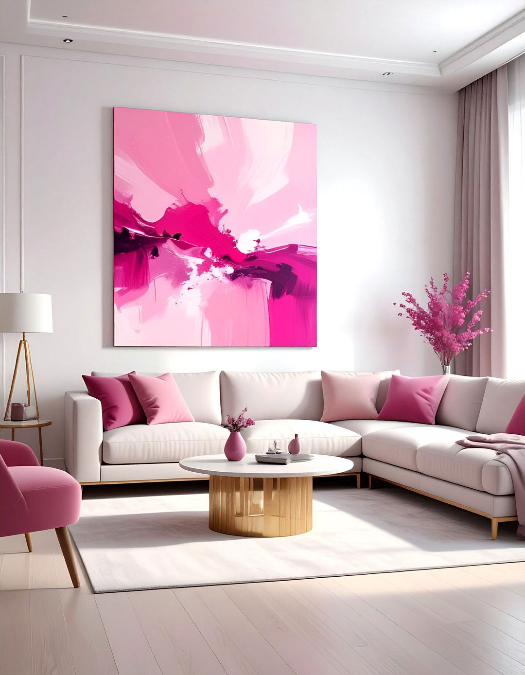 Pink Abstract Canvas Art - 30 pink and white living room ideas