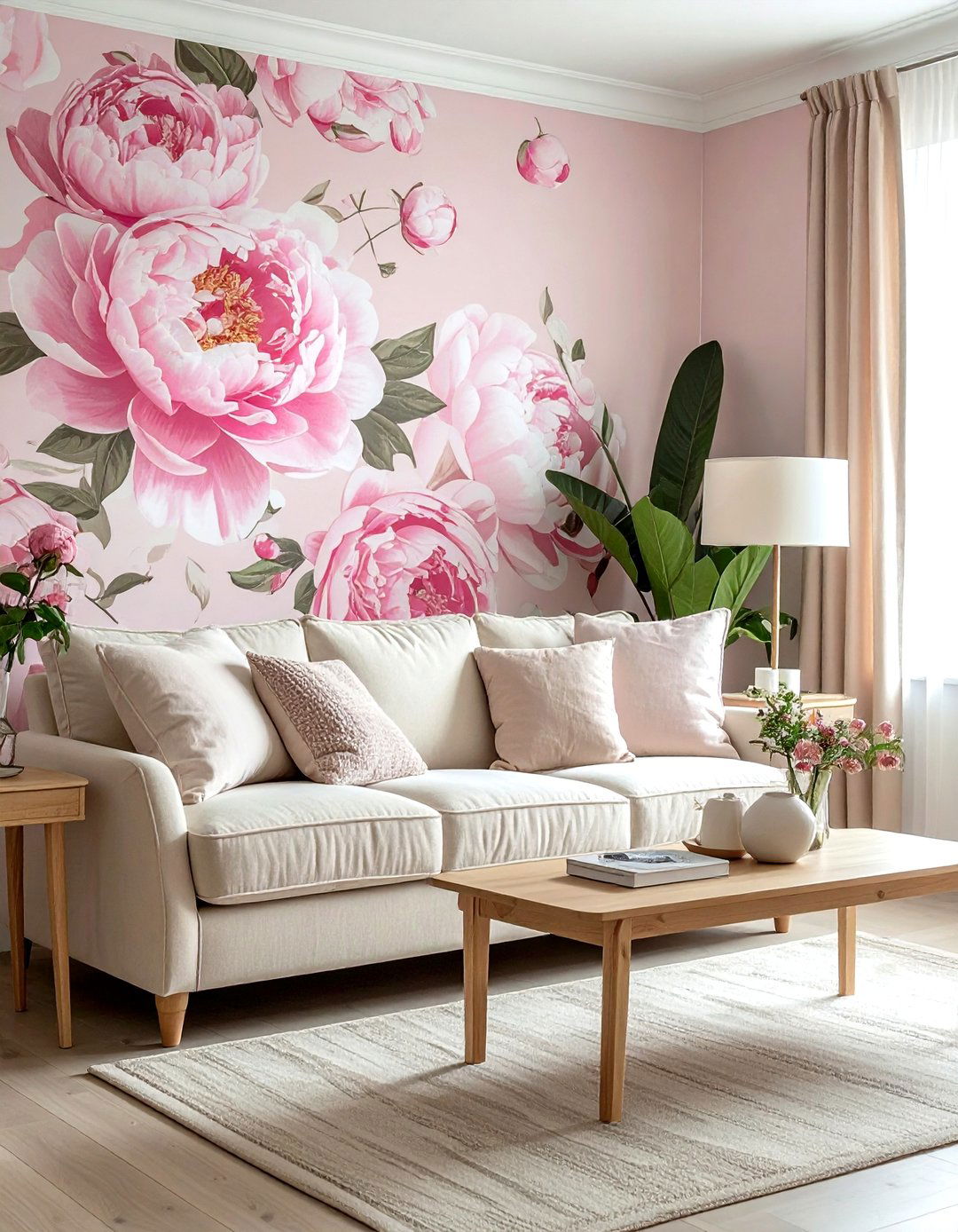 Pink Floral Wallpaper - 30 blush living room ideas