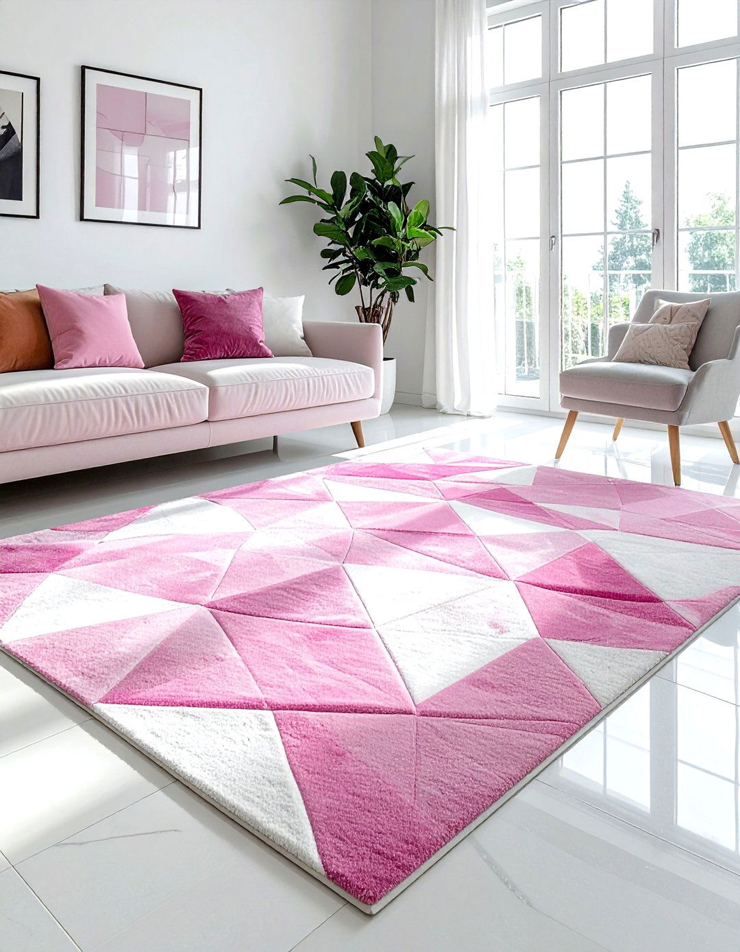 Pink Geometric Pattern Rug - 30 pink and white living room ideas
