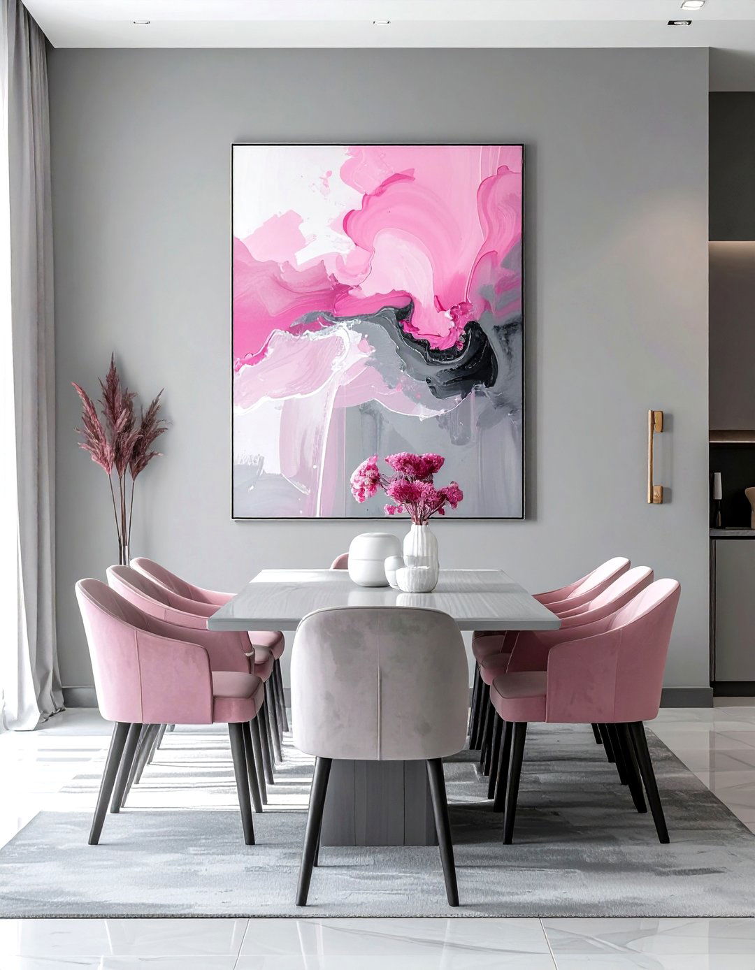 Pink Gray Abstract Art Dining Room - 30 pink gray dining room ideas