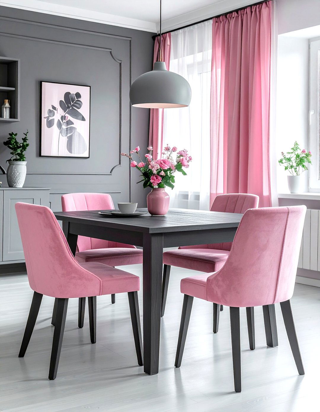 Pink Gray Transitional Dining Space - 30 pink gray dining room ideas