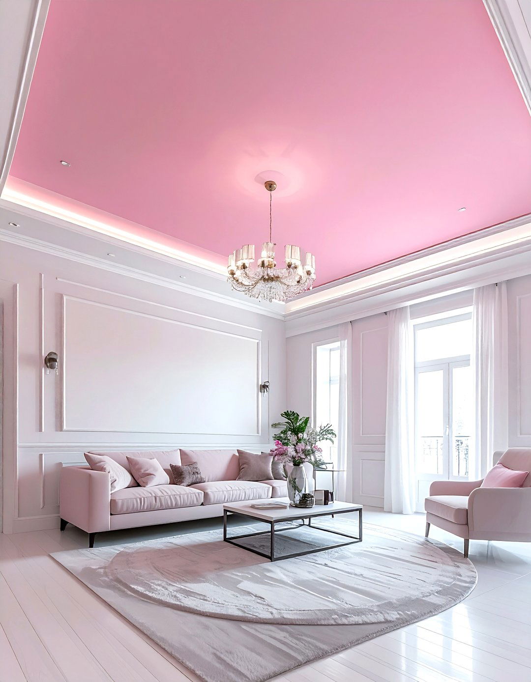 Pink Painted Ceiling Detail - 30 pink and white living room ideas