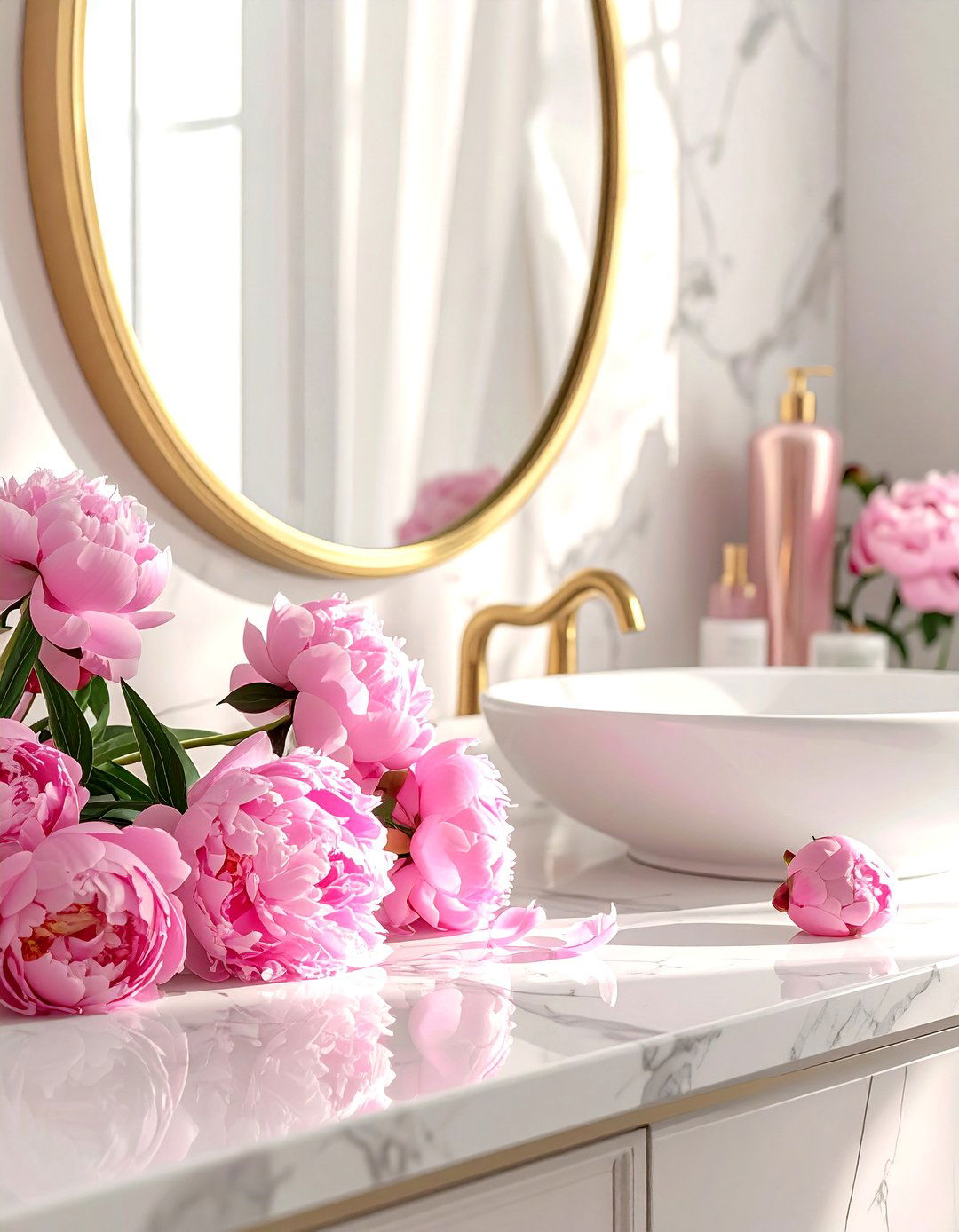 Pink Peonies On Marble Countertop - 30 bathroom flower arrangement ideas