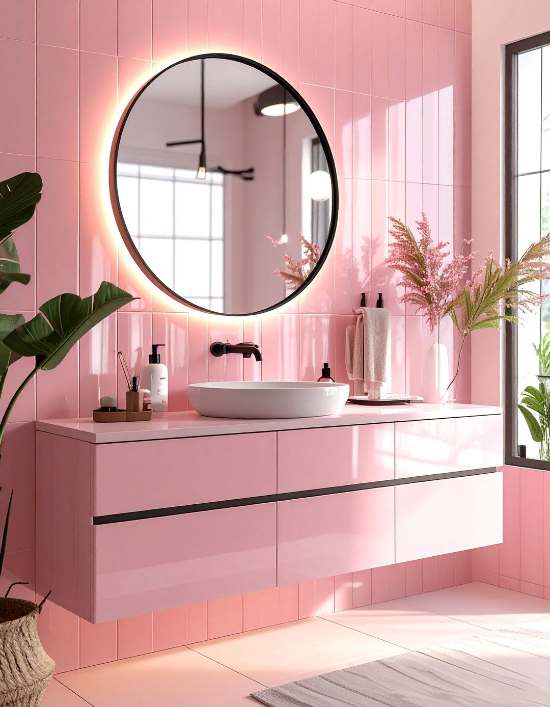 Pink Picket Tile Vanity - 30 picket tile bathroom ideas