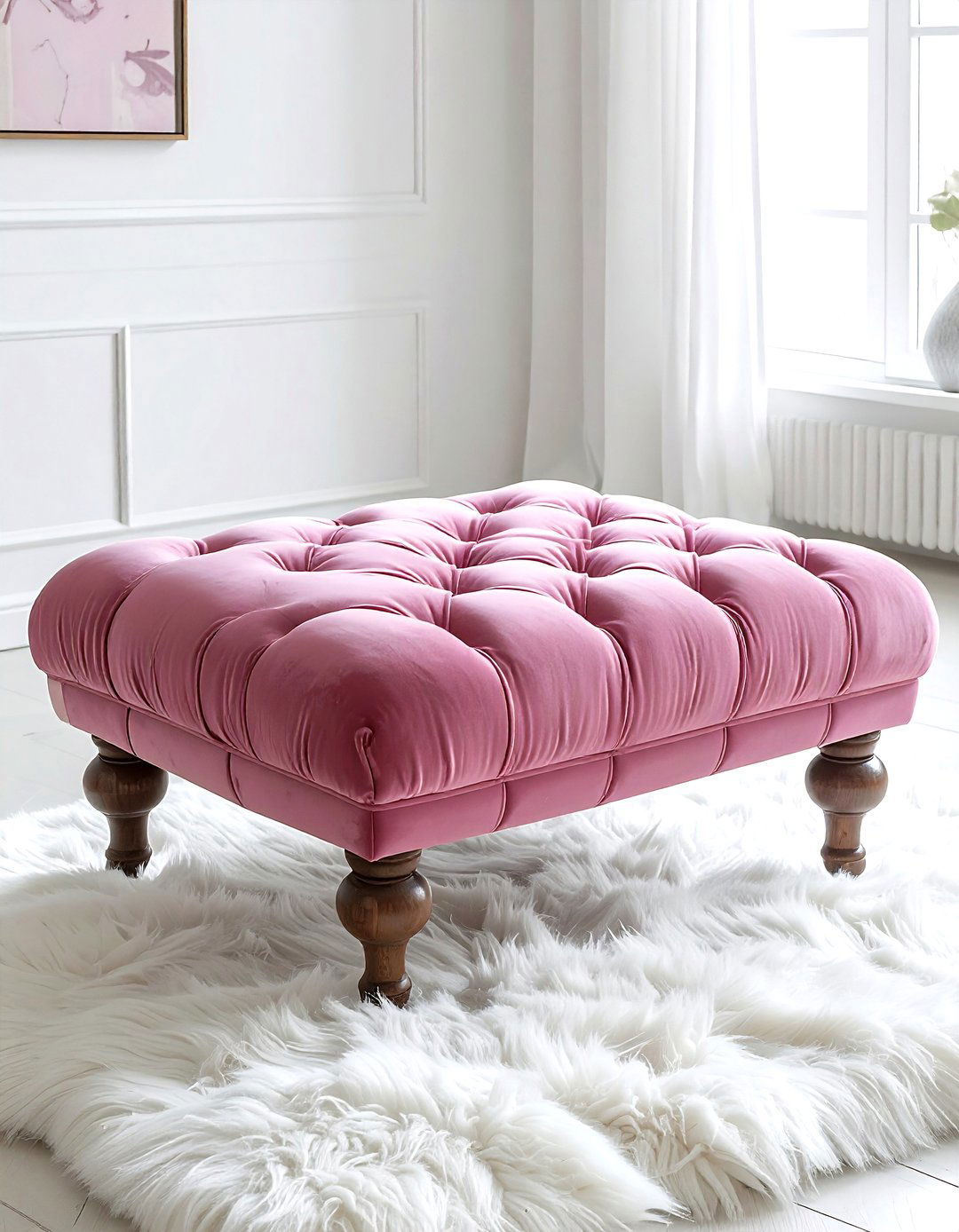 Pink Tufted Velvet Ottoman - 30 pink and white living room ideas