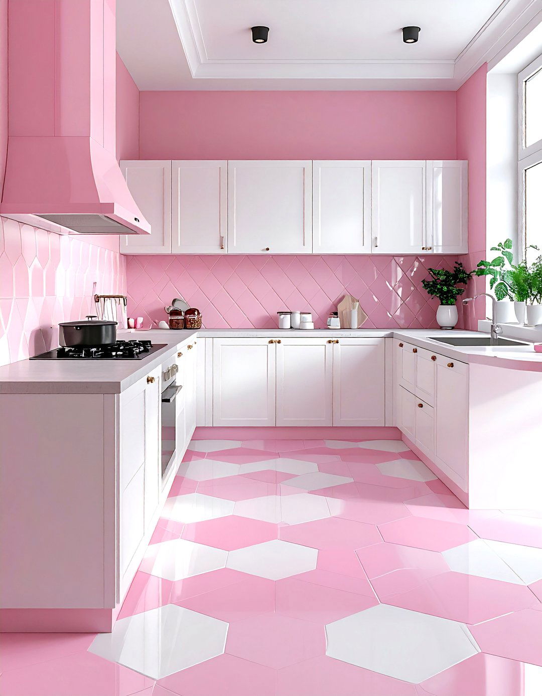 Pink White Geometric Kitchen Floor - 30 pink and white kitchen ideas
