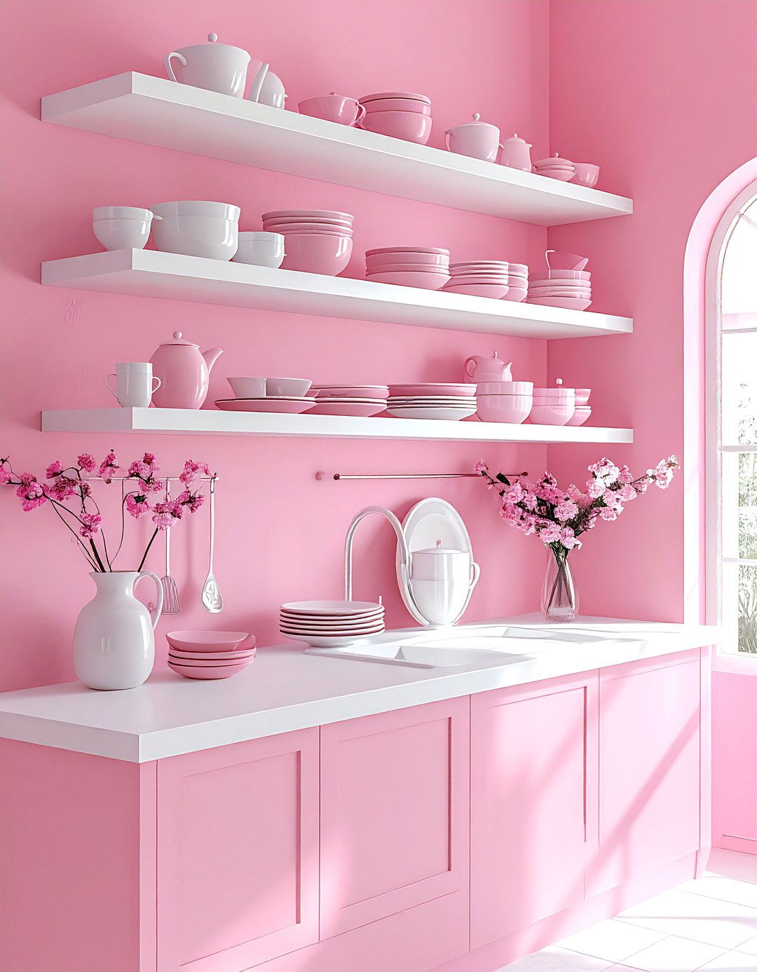 Pink White Open Shelf Kitchen - 30 pink and white kitchen ideas