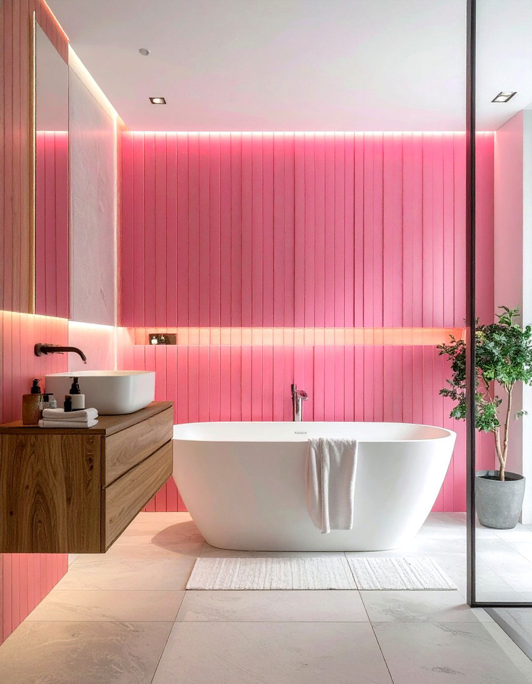 Pink Wood Slat Wall - 30 blush pink bathroom ideas