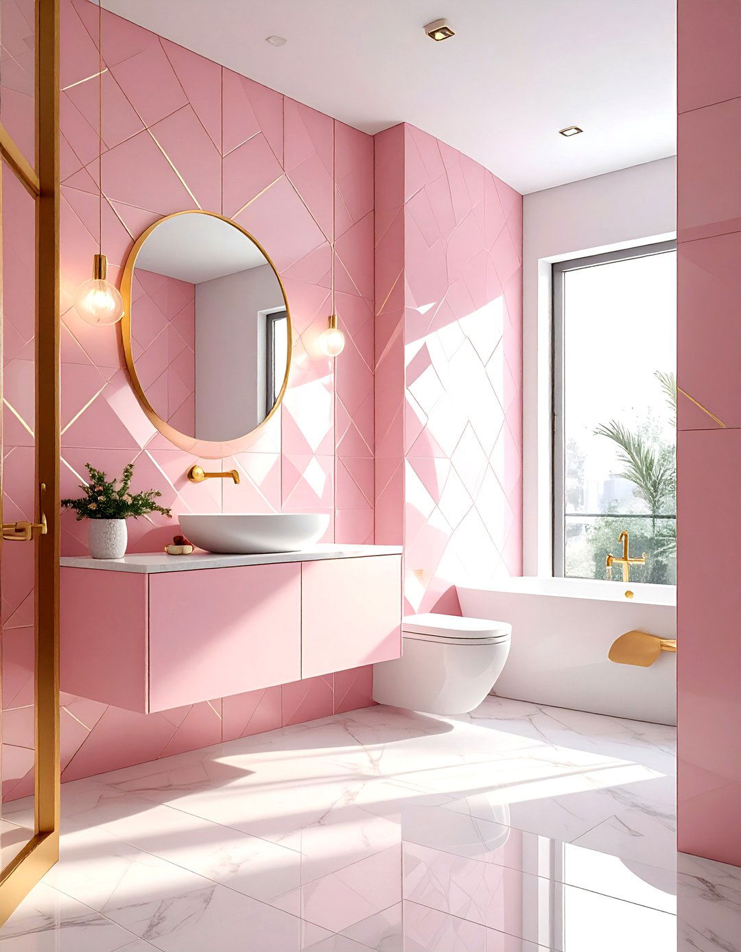 Pink and Gold Geometric Tile Bathroom - 30 pink and gold bathroom ideas