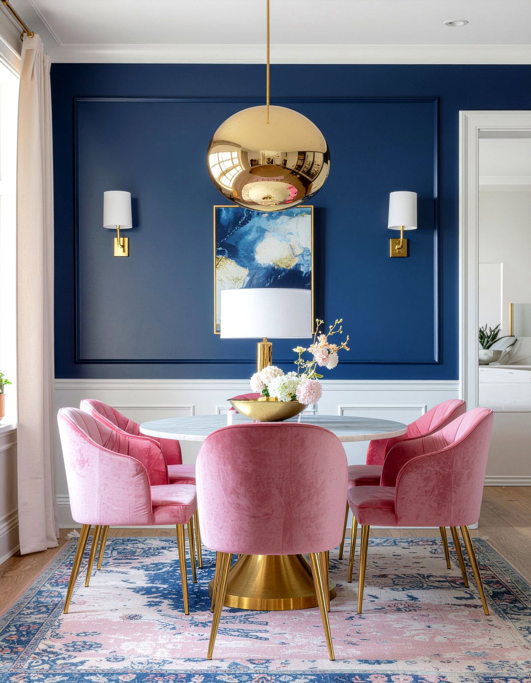 Pink and Navy Combo - 30 pink dining room ideas
