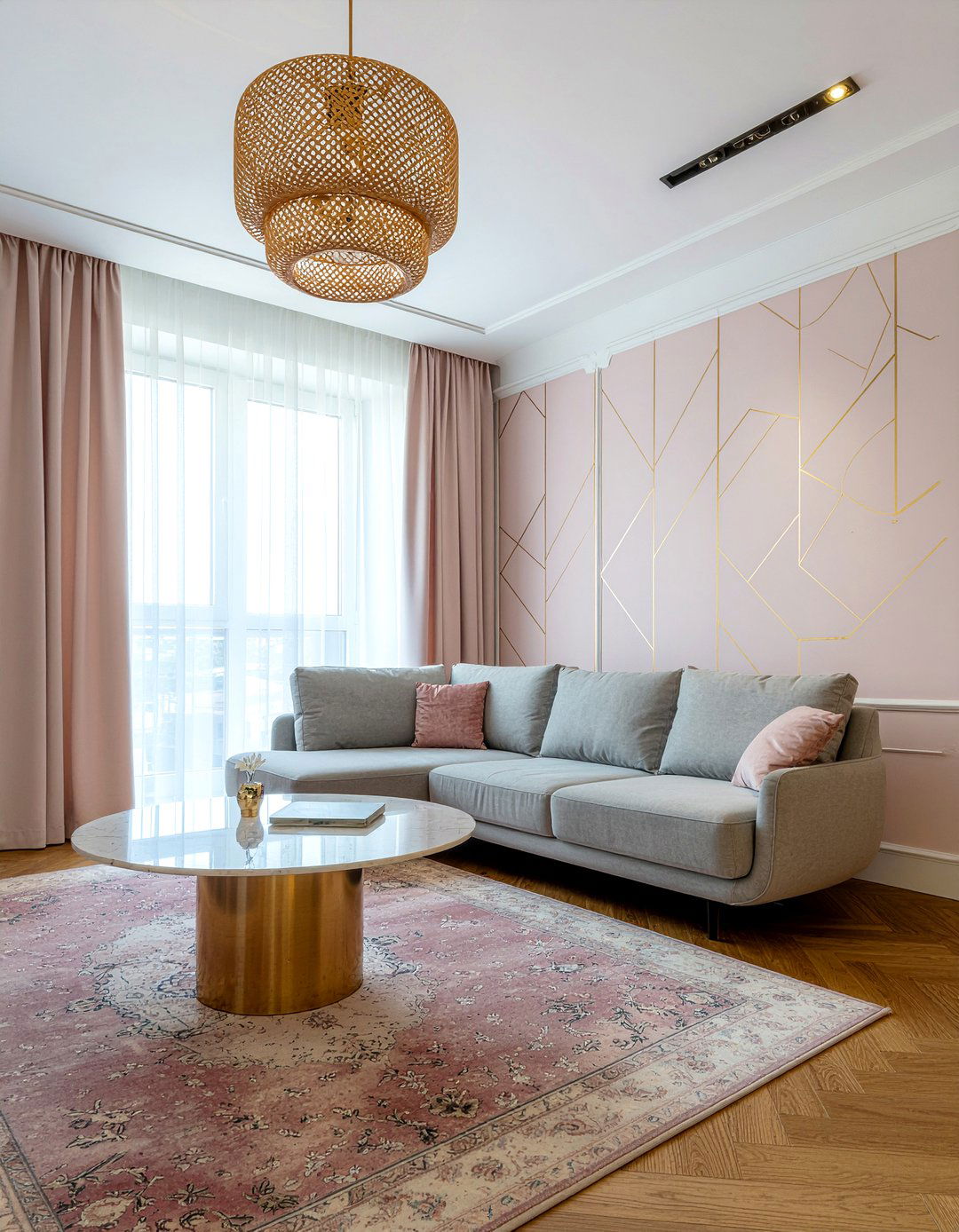 Pink and gold geometric wallpaper - 30 living room geometric wallpapers