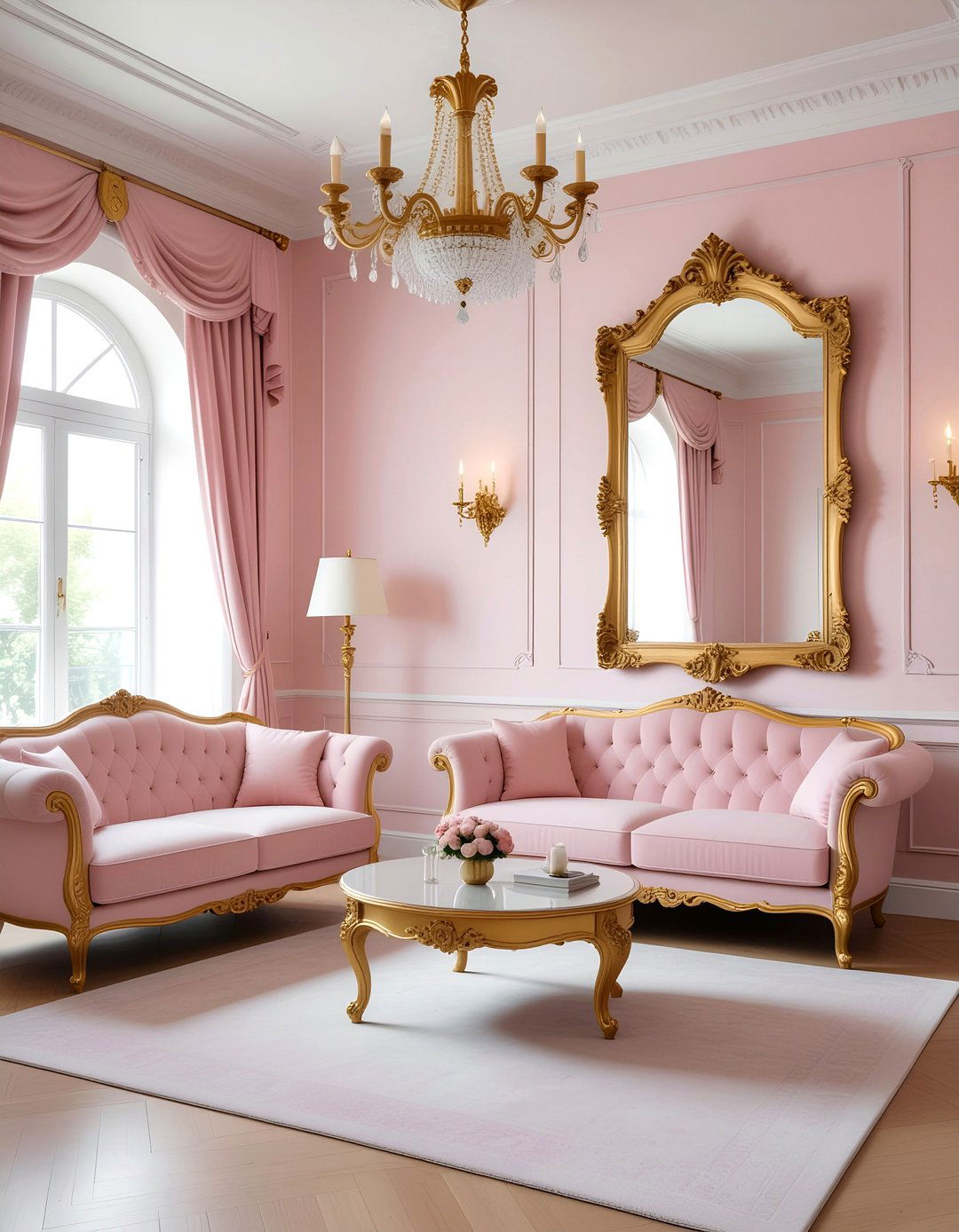 Pink and gold living room - 30 living room pink walls