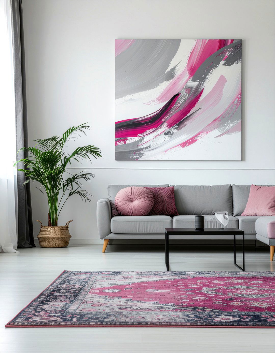 Pink and gray abstract wall art - 30 pink and gray living room ideas