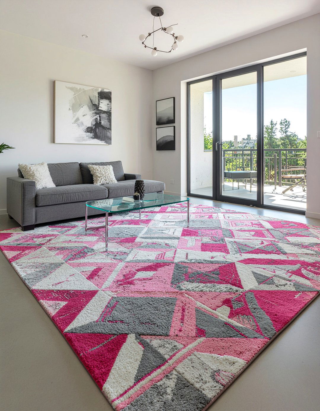 Pink and gray geometric rug - 30 pink and gray living room ideas