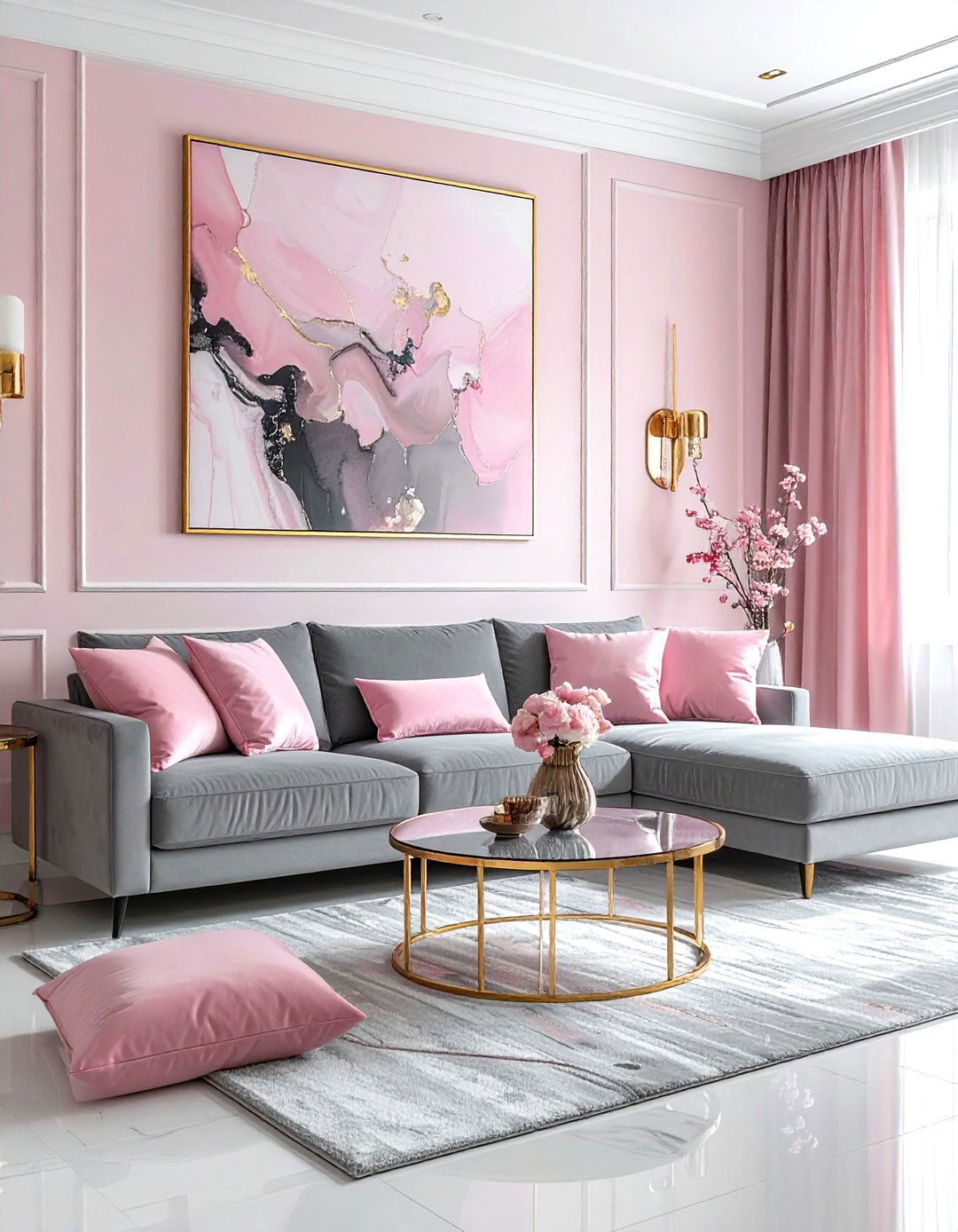 Pink and gray living room gold accents - 30 pink gray living room ideas