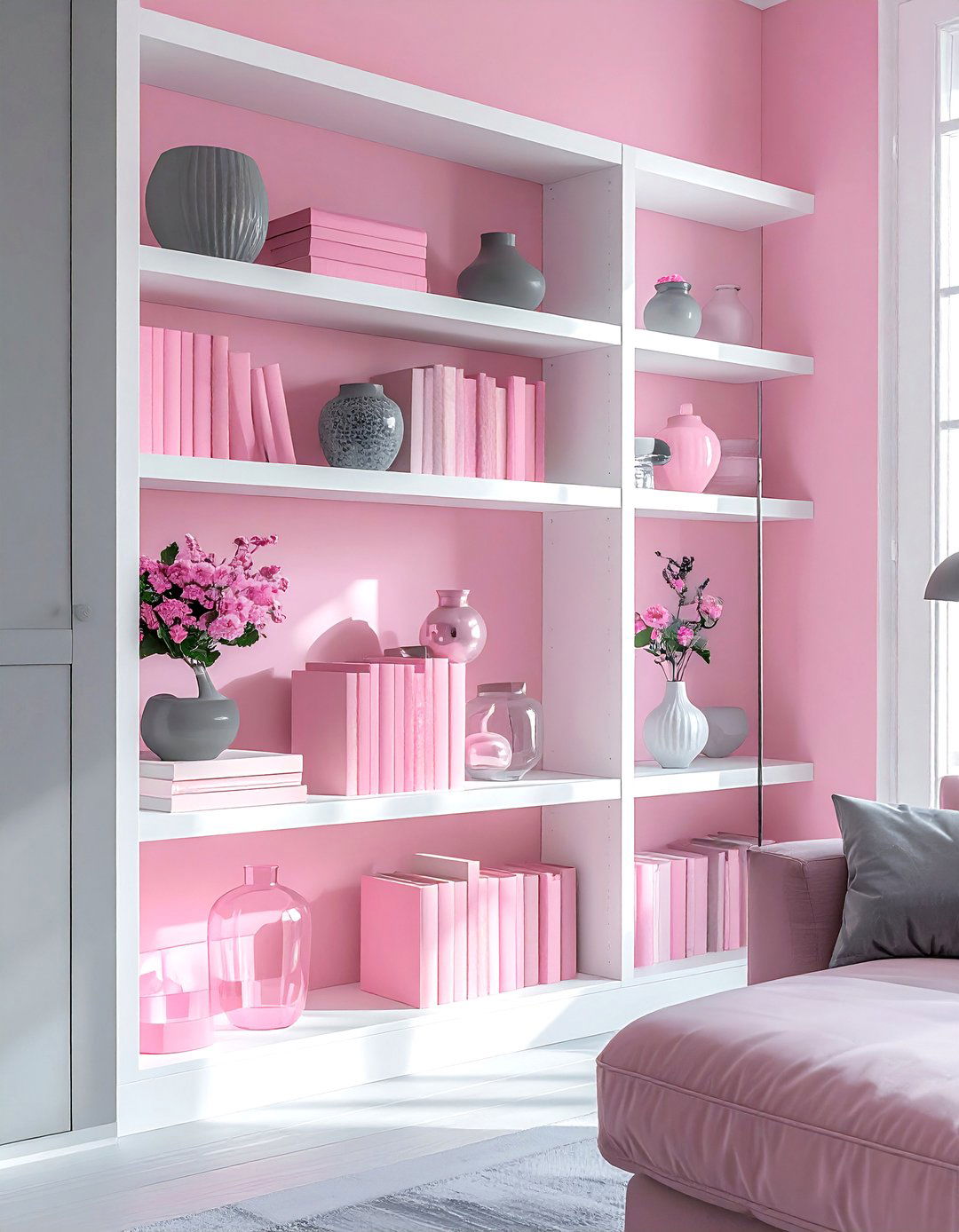 Pink and gray living room shelving - 30 pink gray living room ideas