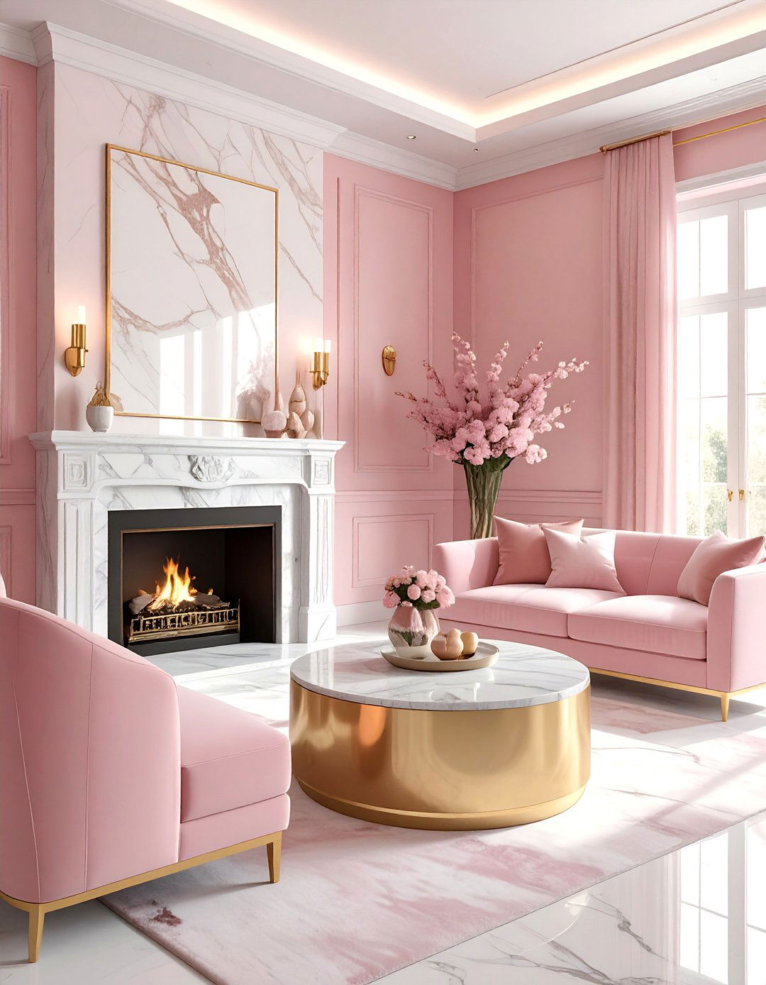 Pink and marble living room - 30 pink living room ideas