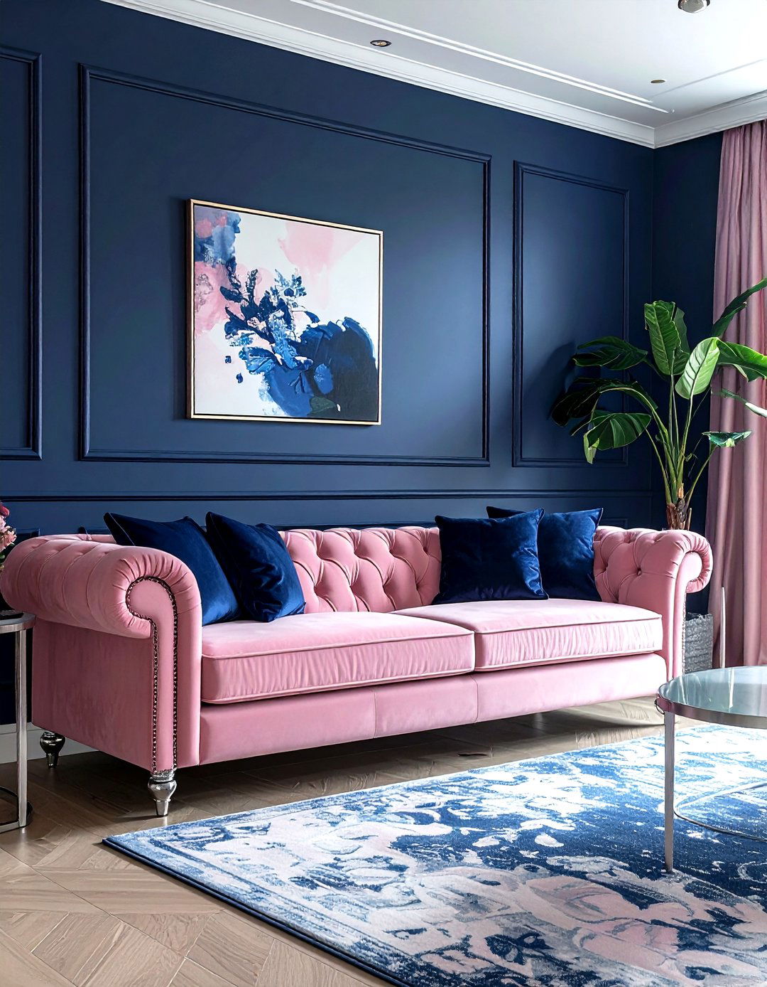 Pink and navy living room - 30 pink living room ideas