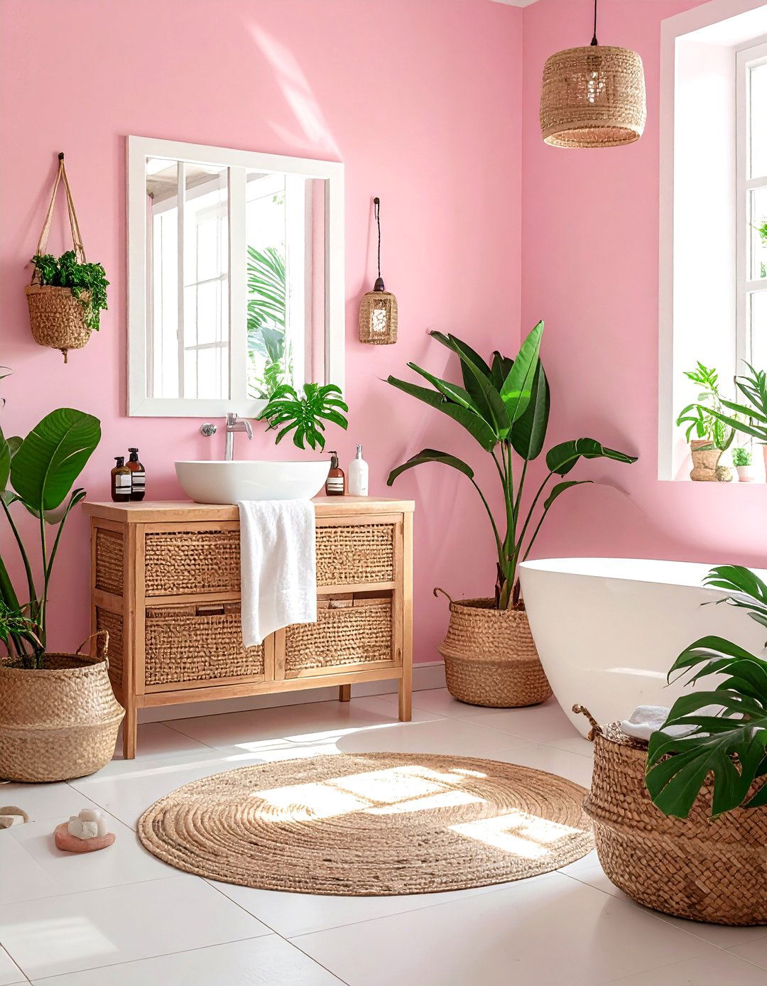 Pink and white boho bathroom - 30 pink and white bathroom ideas