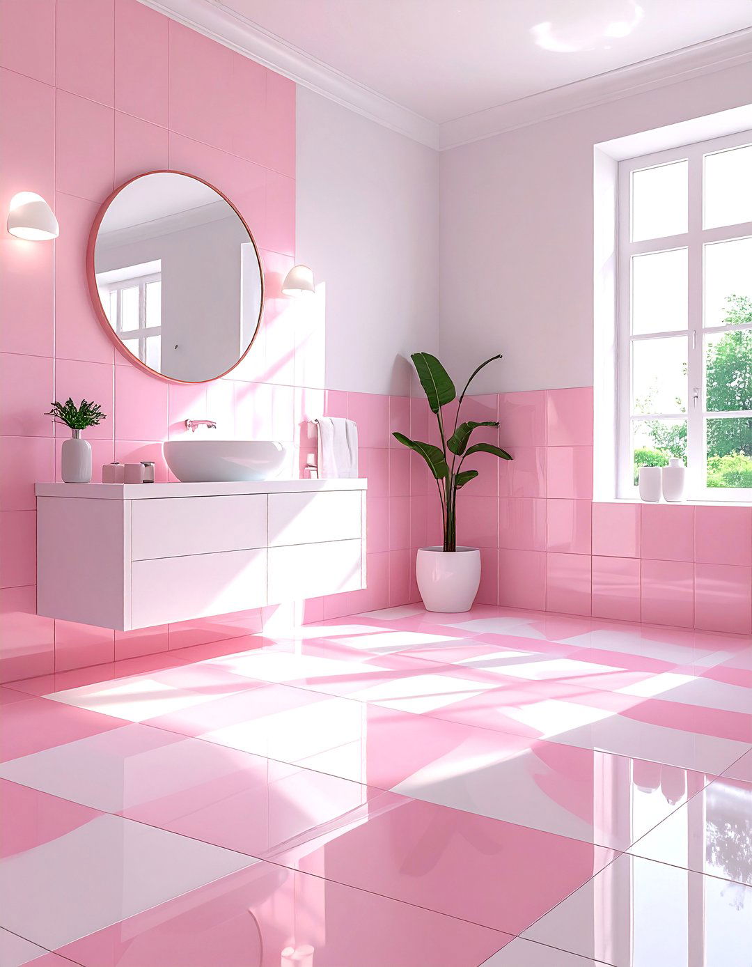 Pink and white checkered floor bathroom - 30 pink and white bathroom ideas