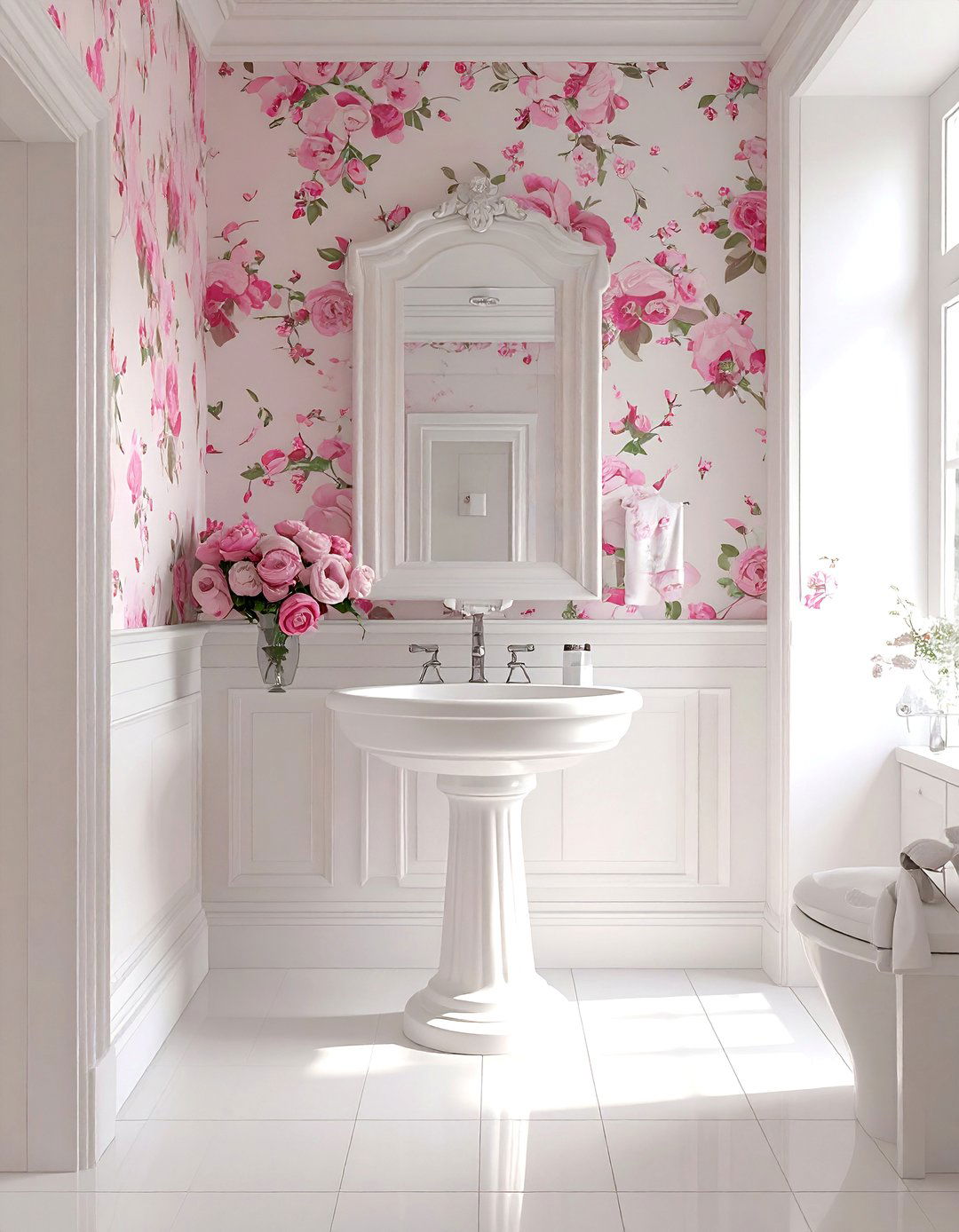 Pink and white floral wallpaper bathroom - 30 pink and white bathroom ideas