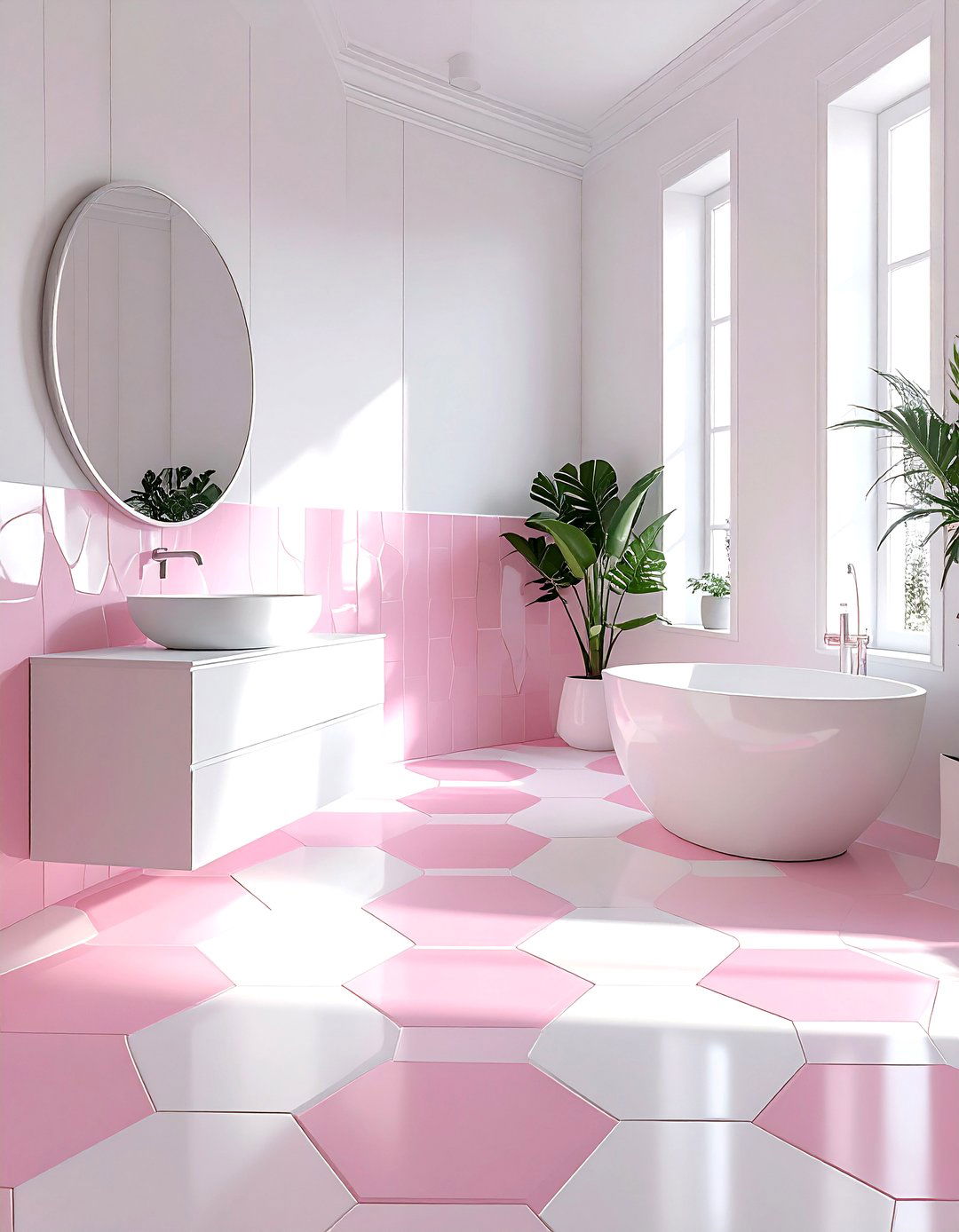 Pink and white geometric tile - 30 pink and white bathroom ideas