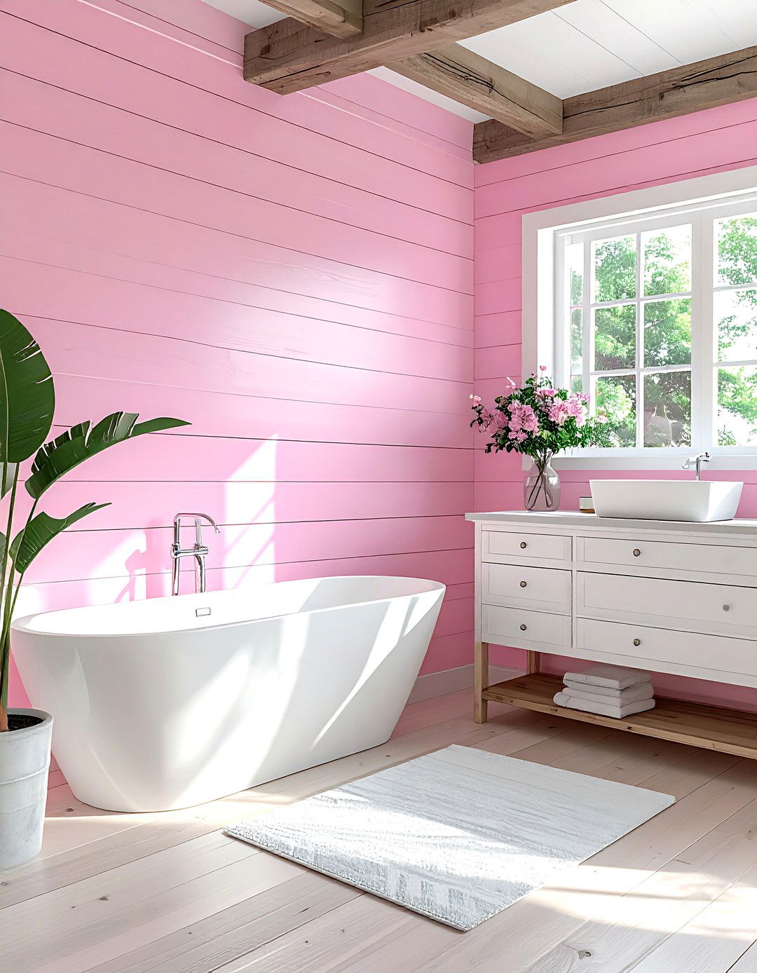 Pink and white shiplap bathroom - 30 pink and white bathroom ideas