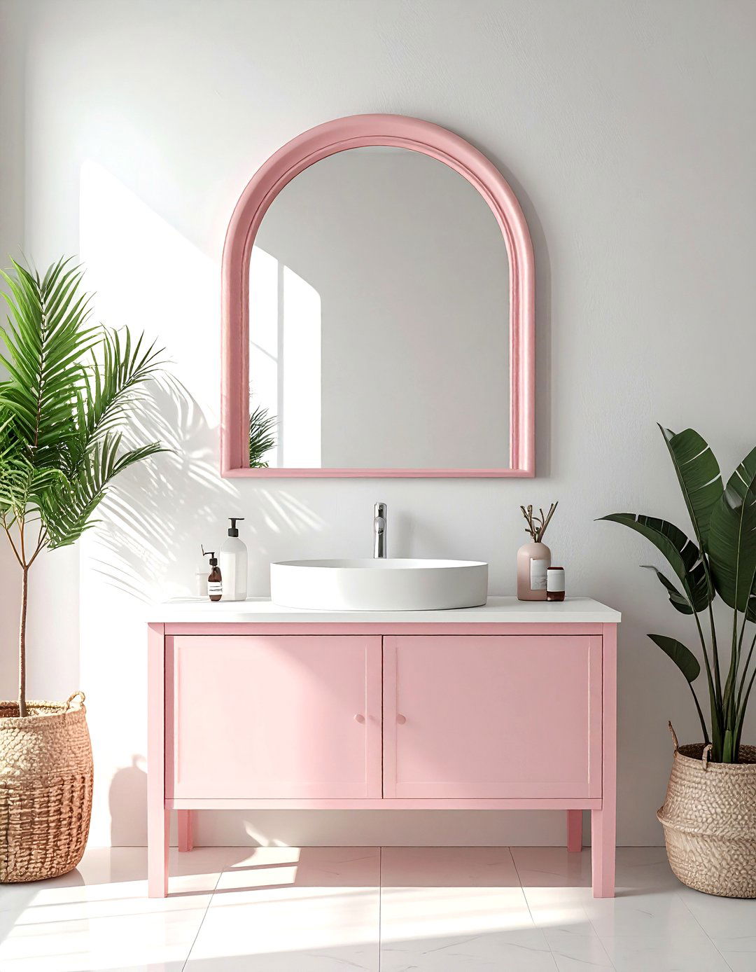 Pink arch bathroom mirror - 30 pink and white bathroom ideas