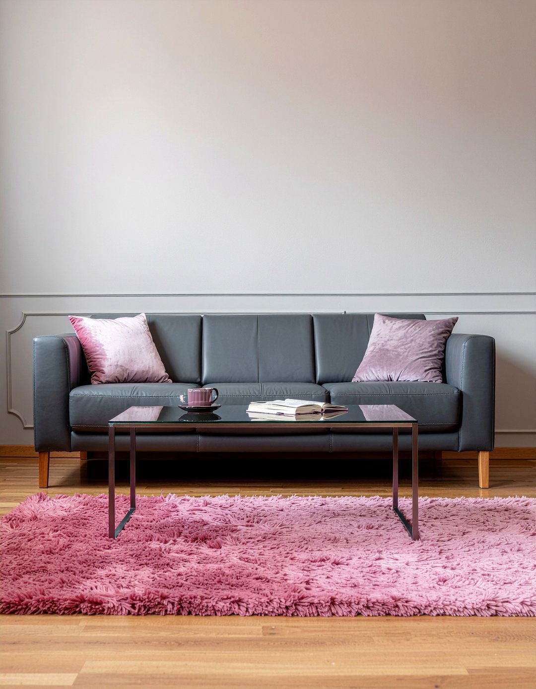 Pink area rug gray leather sofa - 30 pink and gray living room ideas