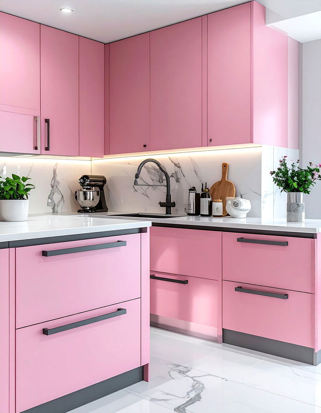 Pink cabinets gray hardware - 30 pink and gray kitchen ideas