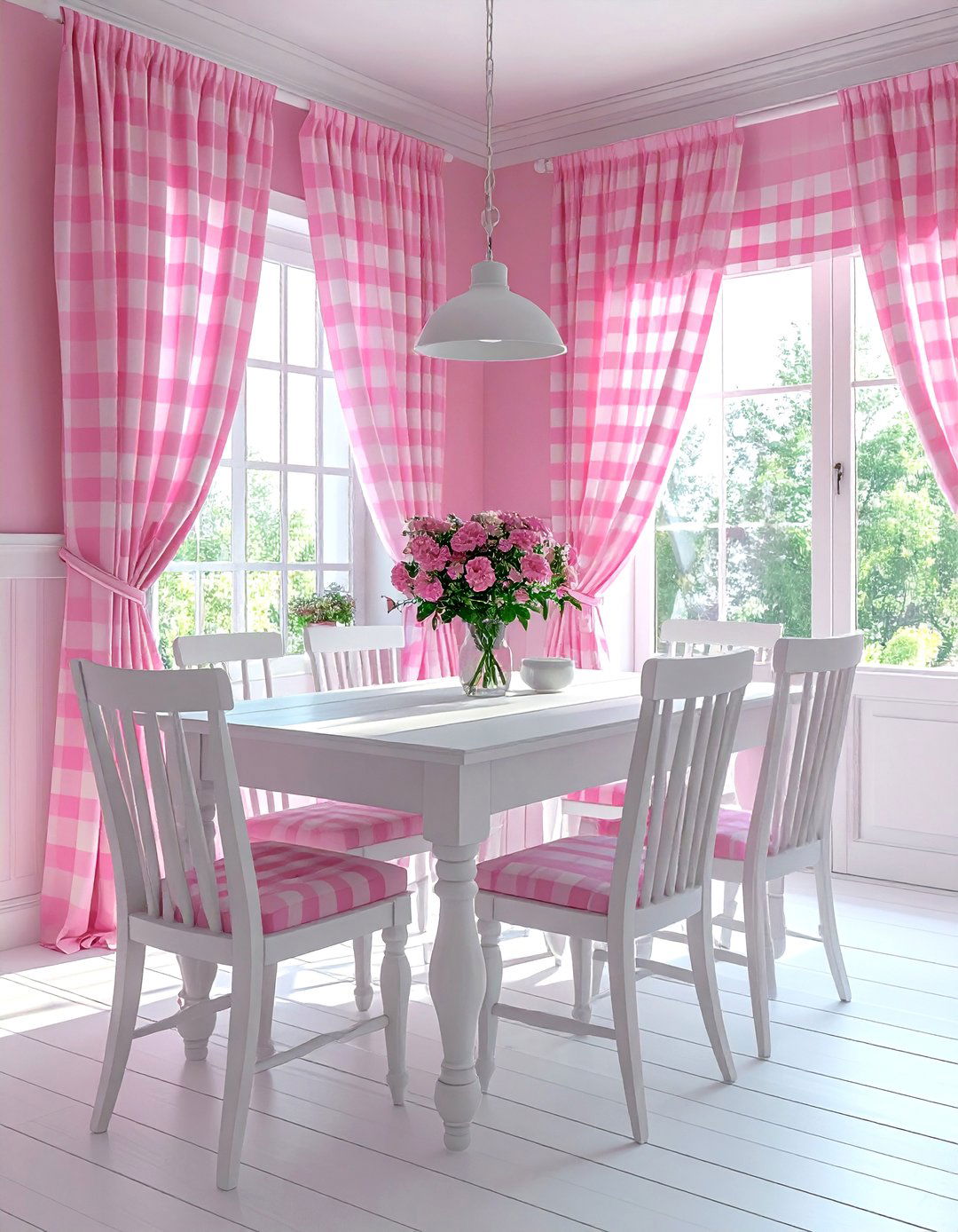 Pink check dining room - 30 pink and white dining room ideas