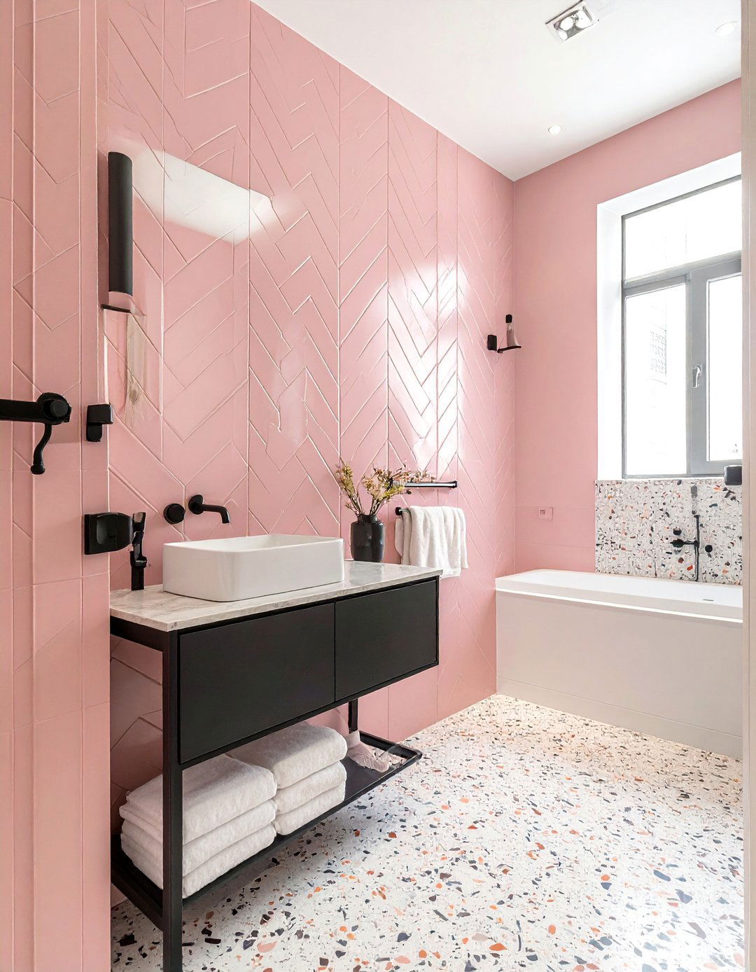 Pink chevron ceramic wall tile - 30 chevron pattern bathroom ideas