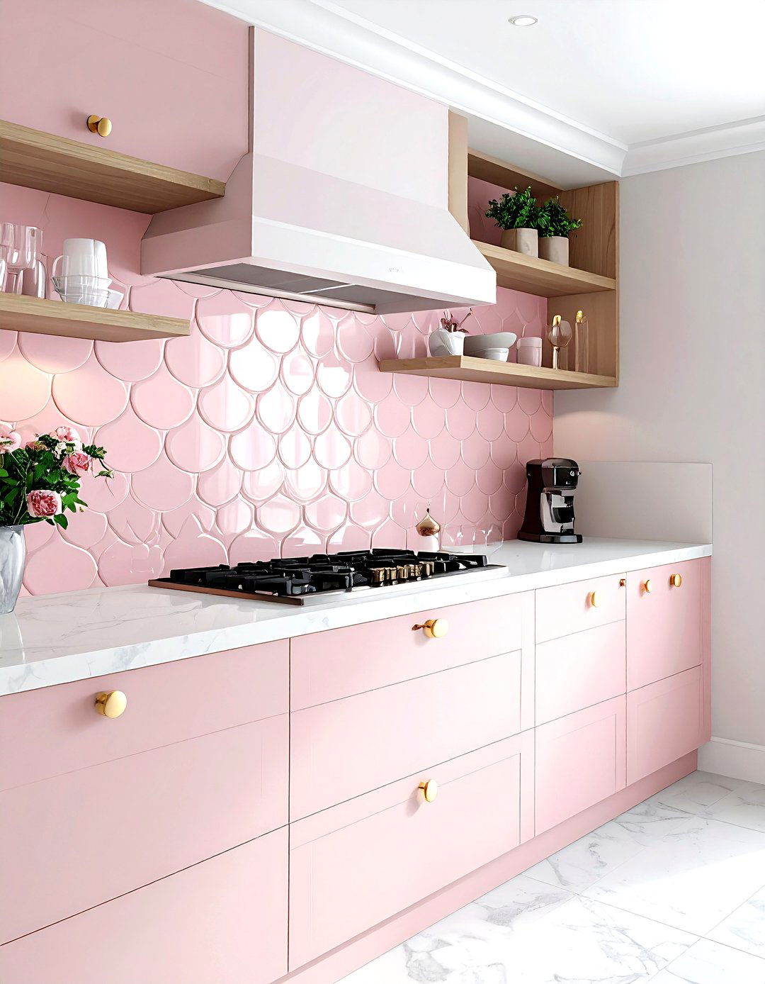 Pink fish scale tile backsplash - 30 fish scale tile kitchen backsplash ideas