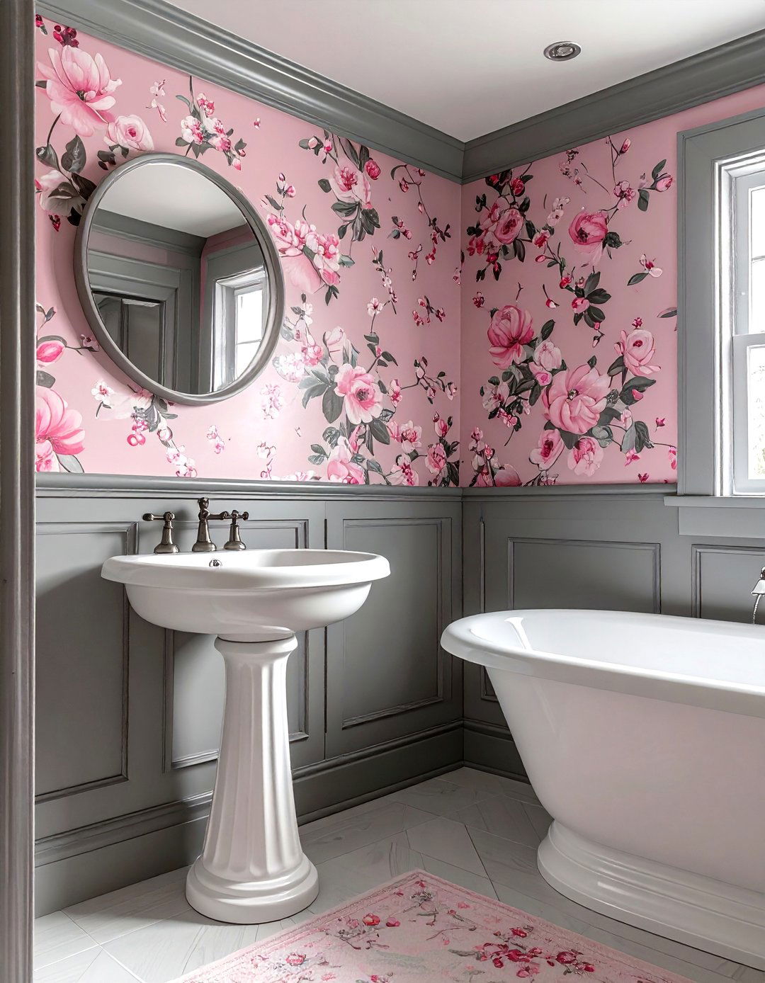 Pink floral wallpaper - 30 pink and gray bathroom ideas
