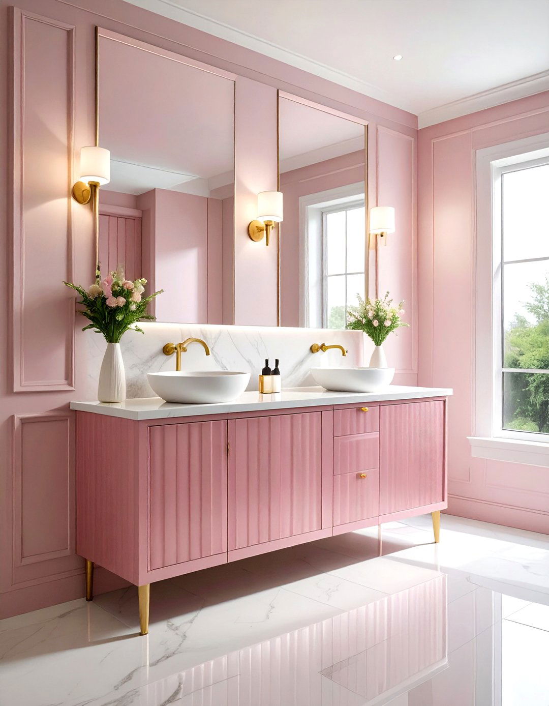 Pink fluted bathroom cabinet - 30 pink and white bathroom ideas