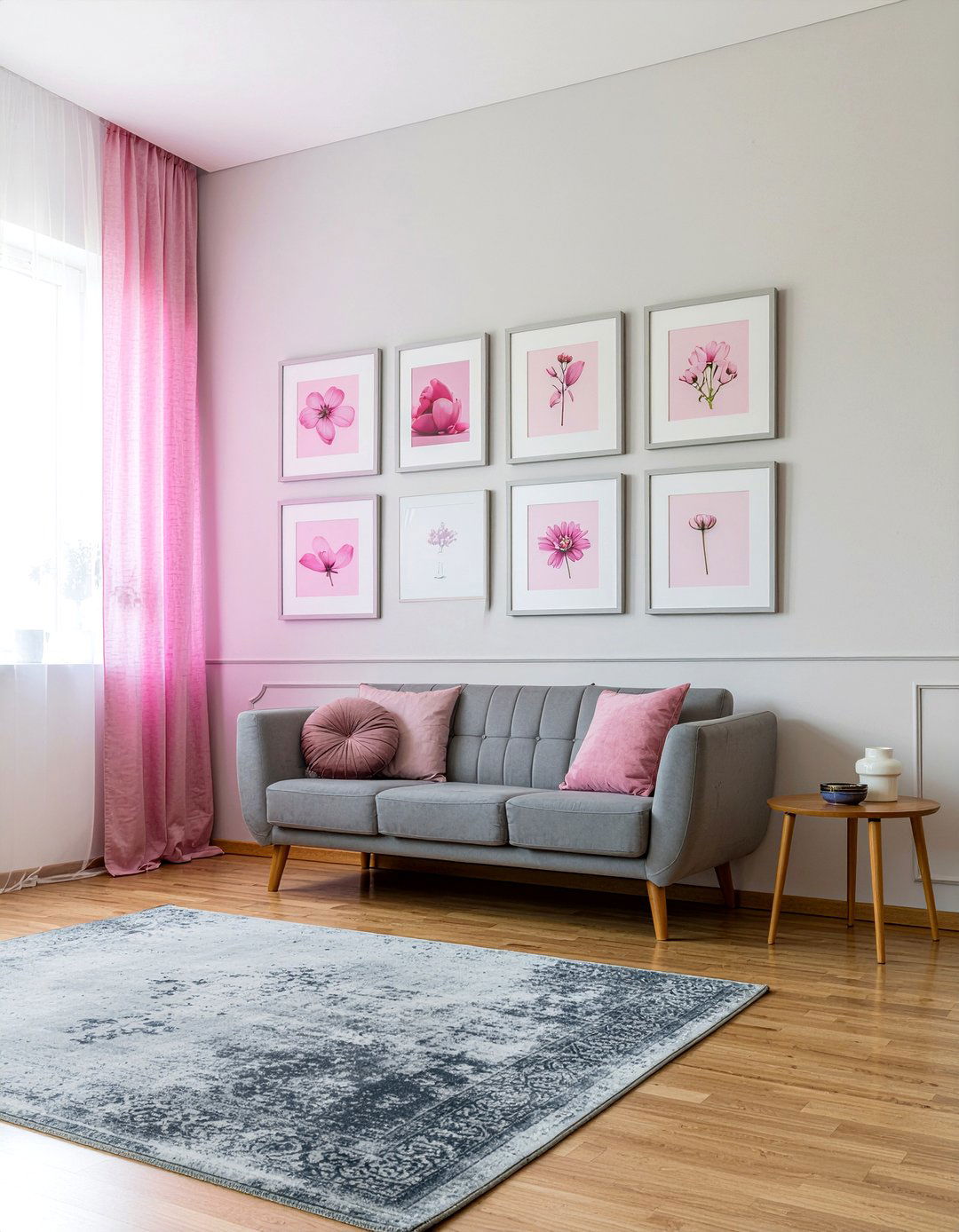 Pink gallery wall gray frames - 30 pink and gray living room ideas